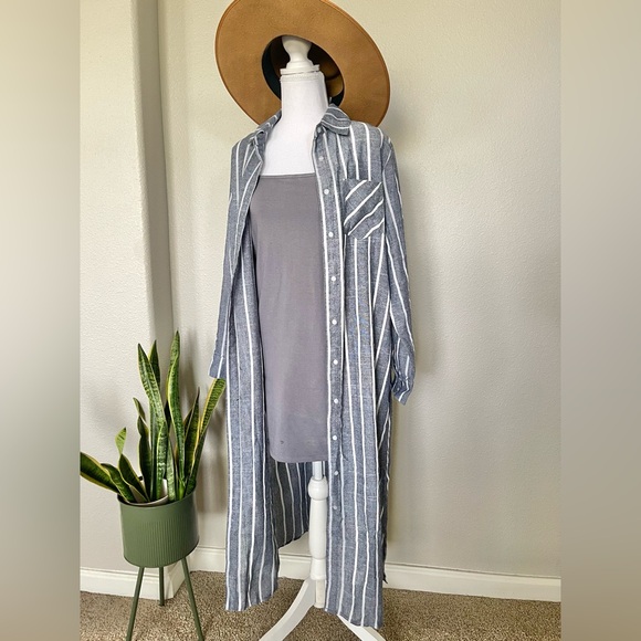 Other - New - Striped Blue & White Sheer Swim Cover Up / Kimono / Button Up Shirt Dress